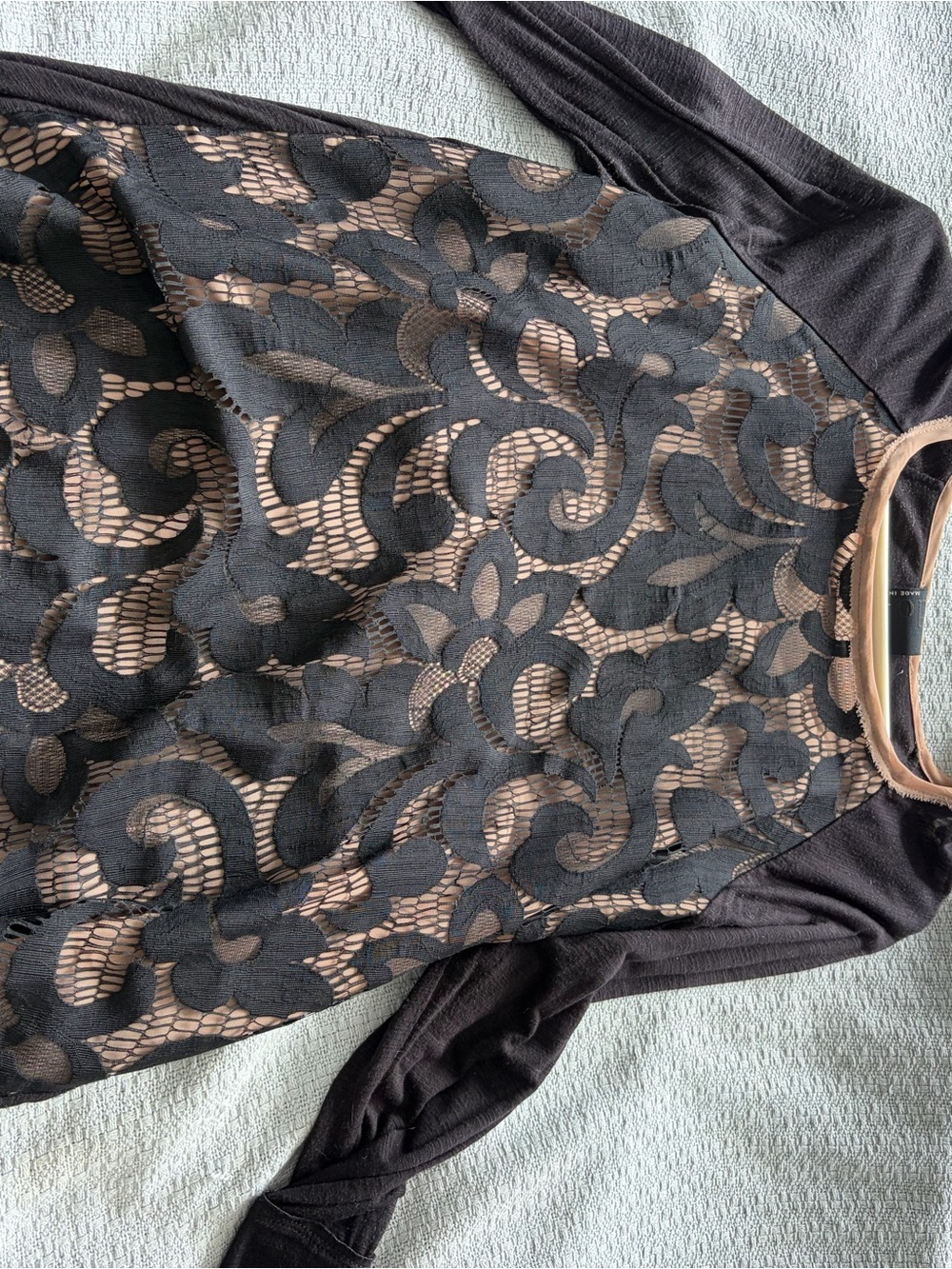 Anthropologie Black Lace-Overlay Blouse with Nude Underlay